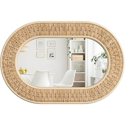 Barnyard Designs Rattan Bathroom Mirror – Rustic Farmhouse Style Handmade Wicker Rattan Frame - Boho Mirror for Nursery Wall Décor (20" x 30", Oval)