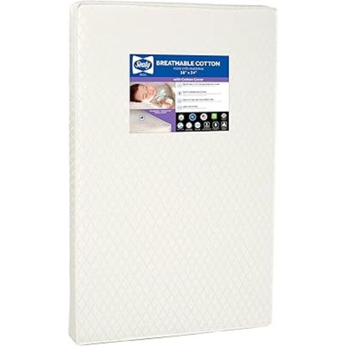 Sealy Baby Breathable Waterproof Cotton Portable Mini Crib Mattress, Premium Sustainable Non Toxic Core, Hypoallergenic, GREENGUARD Gold Certified, Safety & Quality Tested, Made in USA, 38x24