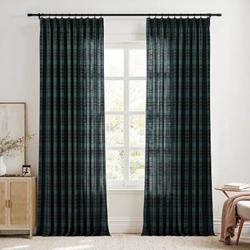 TWOPAGES Pinch Pleat Plaid Curtain 102 Inch Long Light Filtering Privacy Drape Linen Textured Tartan Curtain for Kitchen Bathroom (Midnight, 26W x 102L Inches, 1 Panel)