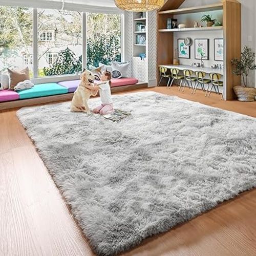 Soft Shaggy Neutral Tie-Dye Light Grey Area Rug 8x10 Large Fluffy Fuzzy Non-Slip Carpet for Living Room Bedroom Luxury Decor Aesthetic, Nursery Playroom Plush Thick Rugs for Kids Girls Boys