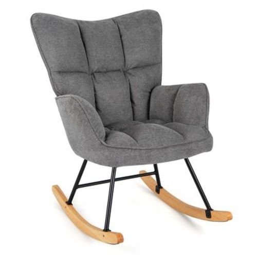 Costway Linen Nursery Rocking Chair with High Backrest Padded Armrests & Seat for Nursery Dark Grey/Light Grey