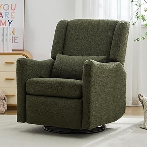 Merax 29.5'' Wide Wingback Swivel Rocker Recliner Chair, Glider Rocker Recliner, Rocking Chair Nursery for Living Room Bedroom Apartment,Boucle,Seaweed Green