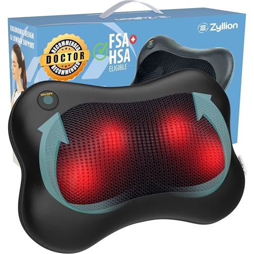 Zyllion Shiatsu Back and Neck Massager with Heat (FSA HSA Eligible) 3D Kneading Deep Tissue Massage Pillow for Muscle Pain Relief, Arthritis, Sciatica, Plantar Fasciitis on Shoulder, Leg, Foot ZMA-13