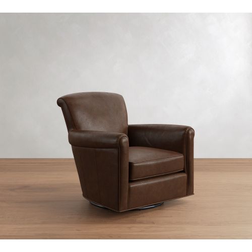 Irving Roll Leather Swivel Glider, Polyester Wrapped Cushions, Statesville Molasses