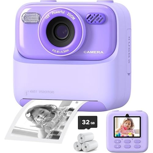 Upgrade Kids Camera Instant Print for Boys and Girls, 1080P HD Dual-Lens Selfie Digital Camera with Print Paper & 32G Card, Christmas Birthday Gifts Toys for Toddler and Teenagers Age 3-16 Years Old
