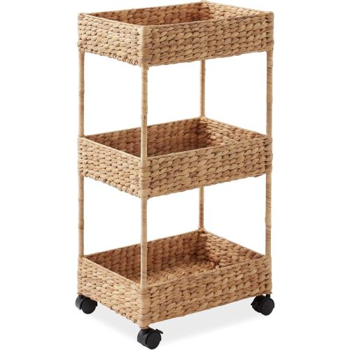 Casafield 3-Tier Rolling Storage Cart - Natural, Water Hyacinth Nursery Caddy, Utility Cart for Bathroom, Craft Room, Laundry Room Organization