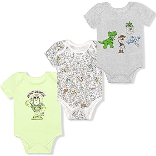 Disney Toy Story Woody, Buzz Lightyear, Green Aliens and Rex Boys’ 3 Pack Bodysuit for Newborn – Green/Grey/White
