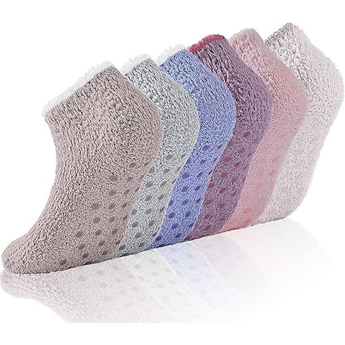 3/6 Pairs Non Slip Hospital Socks for Women Fluffy Fuzzy Slipper Socks with Grips