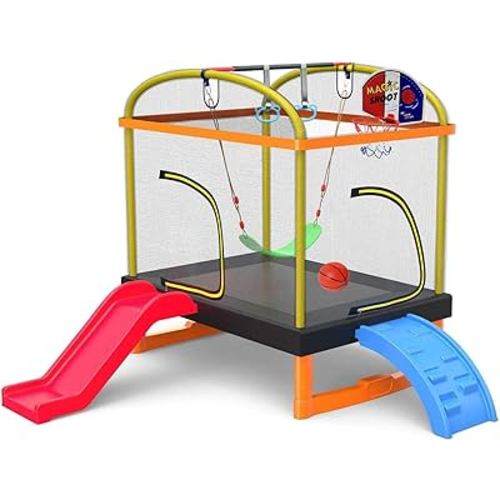 LANGXUN 6.5Ft 7-in-1 Rectangle Trampoline for Kids, with Climb, Slide, Swing, Basketball Hoop, Multi-Functional Indoor Outdoor Baby Toddler Mini Trampoline for Girls and Boys Birthday Gift, Age 1-10