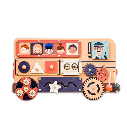 KindlyToys Montessori Wooden Bus Toy, Bus Busy Board, Wheels On The Bus Toy For Toddlers, Learning Toys for 1 Year Old, Sensory Activity, Wooden Baby Learning Toys, Unique Birthday Gift(Bus Board - Black Rose)