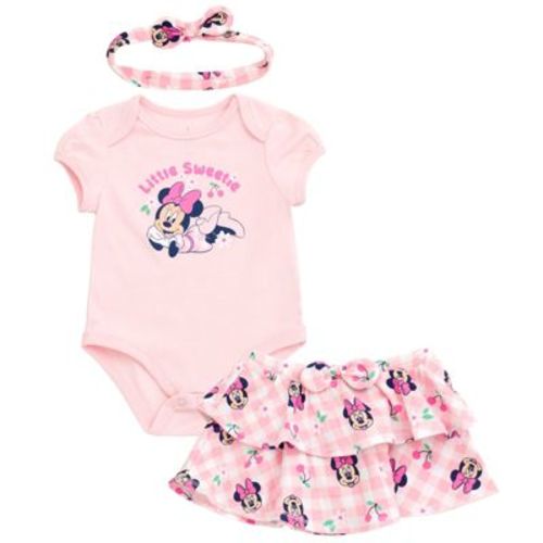 Disney Minnie Mouse Newborn Baby Girls Bodysuit, Skirt And Headband 3 Piece Outfit Set Gingham Pink 0-3 Months