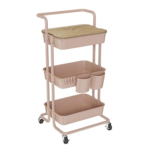 DTK 3 Tier Rolling Utility Cart with Cover Top Board, Movable Kitchen Storage Cart Trolley with Lockable Wheels, Cups, Hooks for Kitchen Bathroom Home Office Art Craft Storage and Organization(Pink)