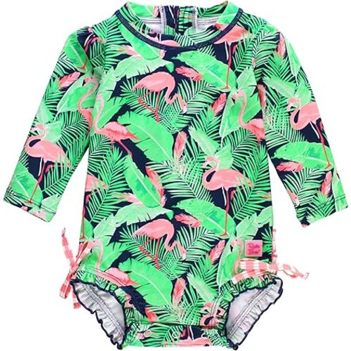 Size 0-3 RuffleButts Baby Girls UPF 50+ Sun Protection Floral Printed Long Sleeve One Piece Rash Guard Swimsuit with Zipper