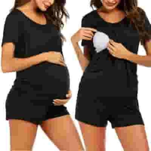 Avidlove Women Maternity Nursing Pajama Set Breastfeeding Sleepwear Set Double Layer Short Sleeve Top and Shorts Set Pregnancy Pjs Set