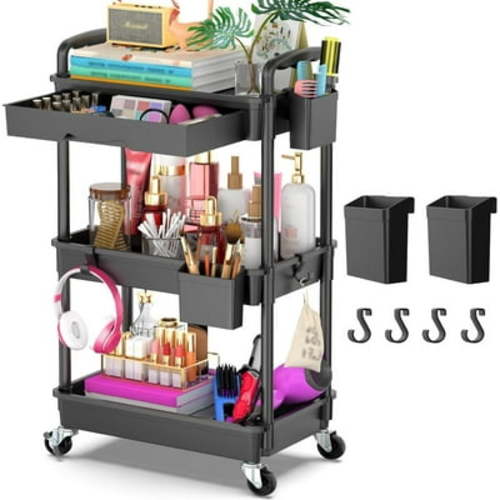 LLMRR 3 Tier Rolling Cart with Drawer, Utility cart with Handle, Bathroom Cart, Snack Cart, Storage Organizer with Lockable Wheels, Rolling Storage Cart for Kitchen, Bathroom, Office, Black, 3 Tier