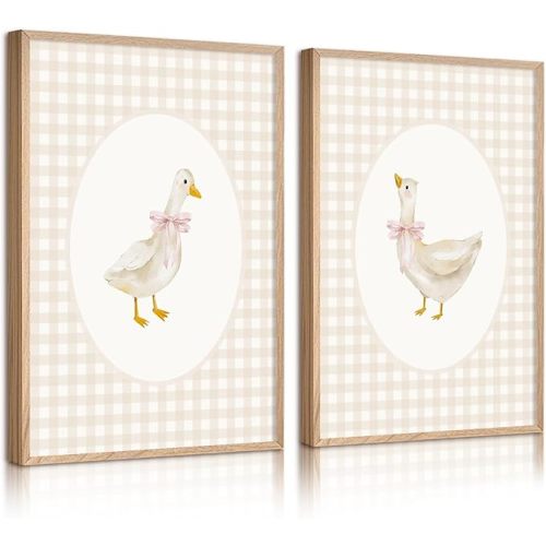 Nursery Goose Wall Art Girl Coquette Canvas Wall Decor Baby Room Wall Art Pink Bow Pictures Vintage Prints Duck Gingham Poster Girl Nursery Painting for Bedroom Living Room 12x16x2 Inch Unframed