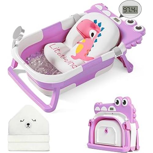 MoreFeel Collapsible Baby Bathtub for Newborn with Thermometer & 1 Hooded Towel & 1 Soft Floating Cushion,Portable Travel Bathtub with Drain Hole, Durable Foldable Baby Tubs for Infants to Toddler