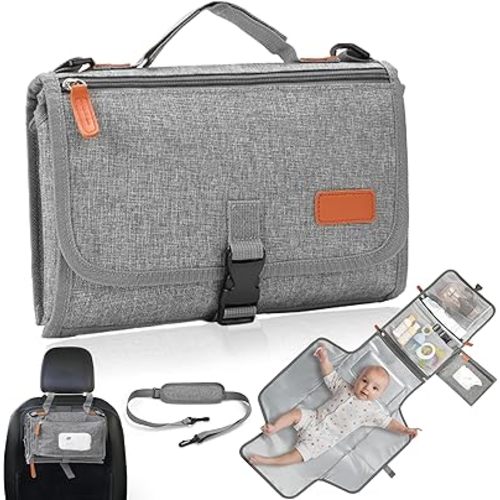Baby Portable Diaper Changing Pad, Waterproof Travel Changing Mat with Built-in Pillow, Large Detachable Changing Pad for Newborn Girl & Boy Essentials with Smart Wipes Pocket (Changing Mat 27"x22")