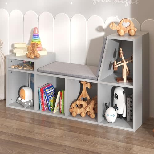 NACHES Kids Bookshelf with Reading Nook, 6-Cubby Bookcases with Bench Seat Cushion Thick Wood Board, Multi-Purpose Toys Storage Organizer for Toddler Nursery, Bedroom, Play Room (Grey)