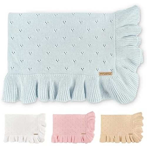 Cotton Pointelle Knitted Baby Blanket with Ruffle Trim, 40x31 Inches, Soft & Cozy for Newborns & Toddlers, Ideal for Swaddling, Crib & Stroller, Elegant Gift Box for All Seasons(Blue)