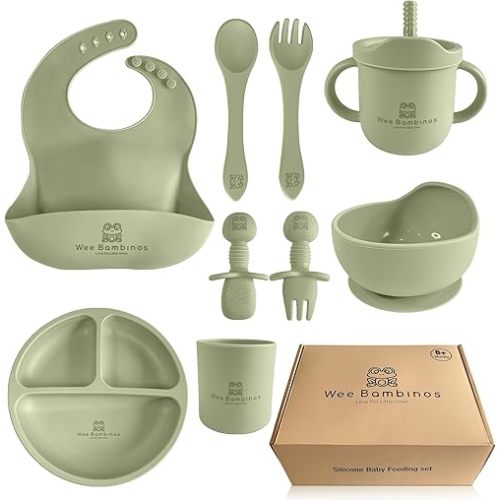 Silicone baby feeding set, 10 pcs baby silicone feeding set, baby plates and bowls set, baby led weaning set, baby plates and utensils set, baby eating set, platos para bebes (Green)