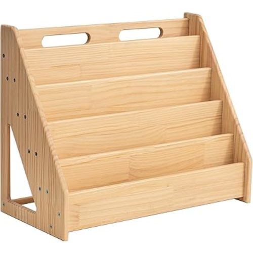 5 Tier Pine Wood Bookshelf Book Holder Wooden Kid's Book Rack Natural for Kids Room Study Room Play Room Books Magazines Storage Organizer