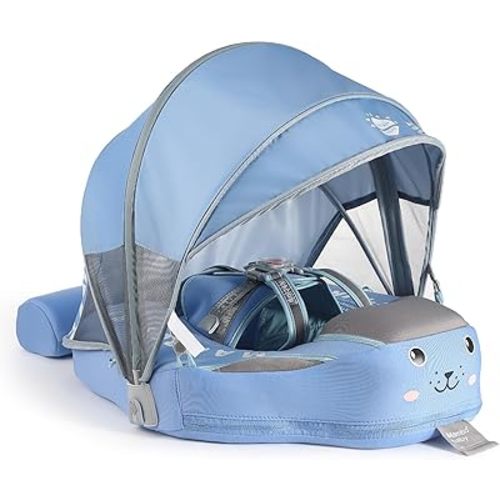 2025 New Mambobaby Float, Baby Floats with Canopy for Infants 3-24 Months, Non-Inflatable Pool Floats with Adjustable Safety Strap & Upgrade Tail, Waist Swimming Ring for Toddler, Baby Blue