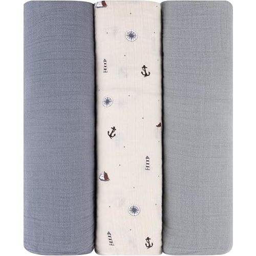 Ely's & Co. Muslin Swaddle Blankets 3-Pack for Baby Boy, 100% Cotton Muslin Extra Large Swaddle Receiving Blankets, 47”x47” (Blue-Ivory Nautical)