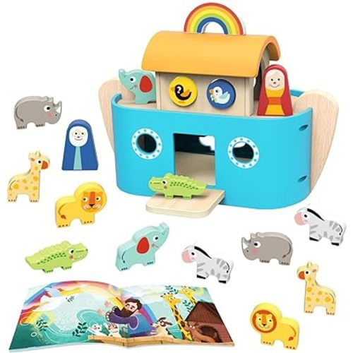 TOOKYLAND Noah's Ark Toys for Toddlers Wooden Animal Shape Sorter, Baptism Gifts for Boys and Girls, Bible Story Toys with Book, Montessori Educational Toys for 2 3 4 Year Old