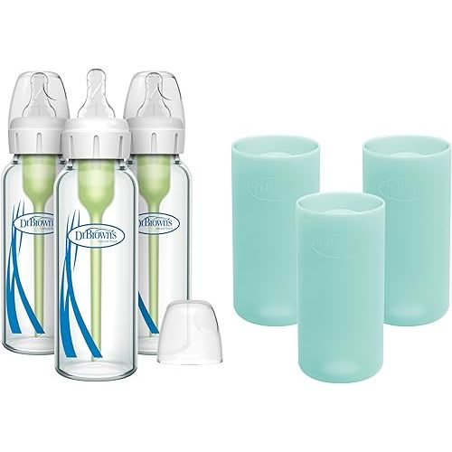 Dr. Brown's Natural Flow Anti-Colic Options+ Narrow Glass Baby Bottles 8 oz/250 mL, with Level 1 Slow Flow Nipple, 3 Pack 0m+ with Mint 100% Silicone Sleeves, BPA-Free