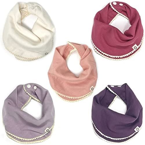 Kishu Baby Indi - Fairtrade Organic Pom Pom Bibs for Girls - Set of 5 Super Soft Muslin Baby Drool Bibs with Snaps
