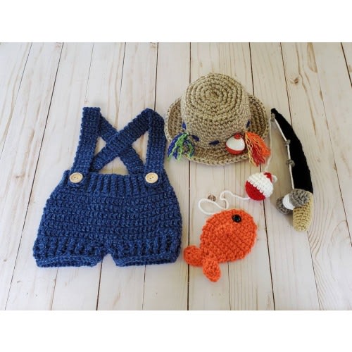 Handmade Crochet Newborn Fishing Outfit – Baby Fisherman Hat, Overalls, and Fish Prop Set