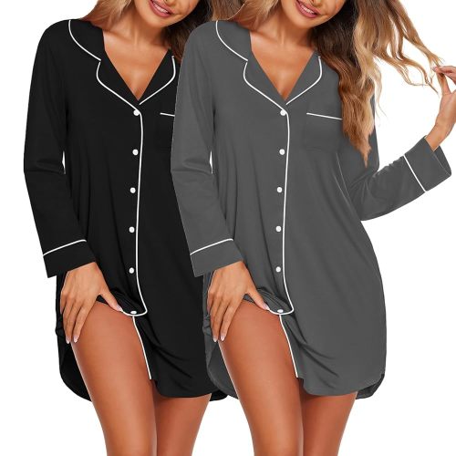 Ekouaer 2 Pack Nightgowns for Women Long Sleeve Night Shirt Button Down Sleep Shirt V-Neck Sleep Dress Pajama Sleepwear