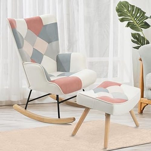 Rocking Chair Nursery with Ottoman, Glider Rocking Chair Design of Linen Patchwork for Bedroom,Livingroom,Office (Patchwork Pink)