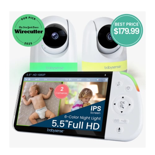 Babysense Max View PRO: Full HD Video Baby Monitor with 2 HD Cameras, Split Screen, Non Wifi, Night Light & Sound Machine