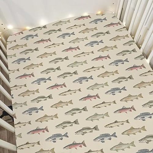 Lake Fishing Baby Crib Sheets for Boy Girl 52"x28" Freshwater Fishes Soft Snug Fitted Crib Mattress Covers Hunting Camping Nursery Baby Sheet for Crib & Toddler Bed Mattress Fishing Lover Gift