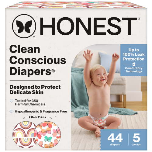 The Honest Company Clean Conscious Diapers® Up to 100% Leak Protection Designed to Protect Delicate Skin Hypoallergenic + Fragrance Free Wingin It + Catching Rainbows, Size 5, 44 Count