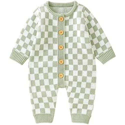 Infant Baby Girl Boy Knitted Sweater Romper Jumpsuit Checkerboard Plaid Print Long Sleeve Button Down Bodysuit