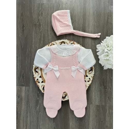 Double Bow Cable Knit Suspenders Style With Ruffle Collar Baby Knitted Romper in Pink and White