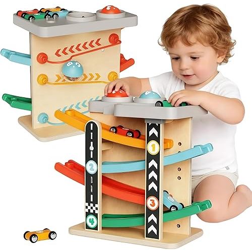 Toddler Toys for 1-2 Year Old Boy, Montessori Toys for 1 Year Old, First Birthday Gifts, 2 in 1 Pounding Toys and Wooden Car Ramp