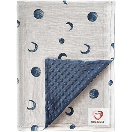Bearmoss Baby Blankets for Unisex Boys Girls, Soft Nursery Crib Blankets with Muslin Cotton Front and Dotted Fleece Back for Newborns Toddlers 30x40inch (Blue Moon)