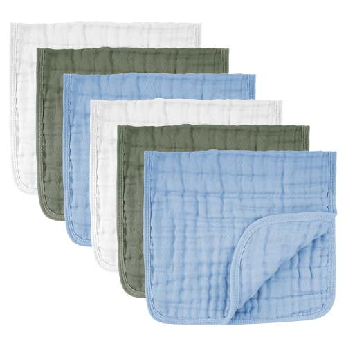 Muslin Burp Cloths 6 Pack - 20" x 10" - Ultra Soft & Absorbent, 100% Cotton for Spit Up & Drool- Gentle Baby Burping Cloth, Newborn Boys Girls Essentials, 2 White,2 Blue,2 Green