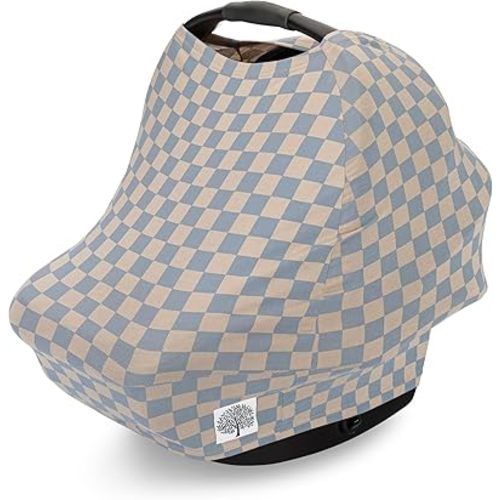Parker Baby 4 in 1 Car Seat Cover for Girls and Boys - Stretchy Carseat Canopy, Nursing Cover, Grocery Cart Cover, High Chair Cover - "Stormy Blue Checker"