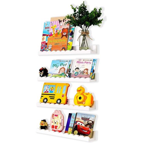 Wooden White Children's Room Bookshelf - Floating Nursery Wall Shelf 4-Piece Set, Suitable for Living Room, Bedroom, Kitchen, Etc. Wall Shelf (16.54inch)