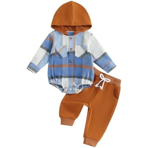 Douhoow Infant Baby Fall Clothes Boy Girl Plaid Hoodie Sweatshirt Romper Flannel Tops+ Sweatpants Festival Outfits