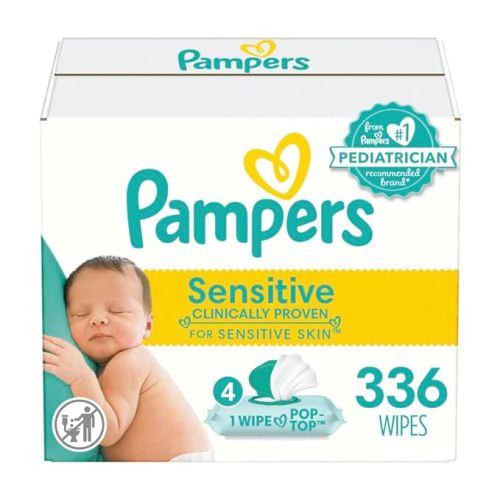 Pampers Sensitive Baby Wipes, Water Based, Hypoallergenic and Unscented, 4 Flip-Top Packs (336 Wipes Total) [Packaging May Vary] - 84 Count (Pack of 4)