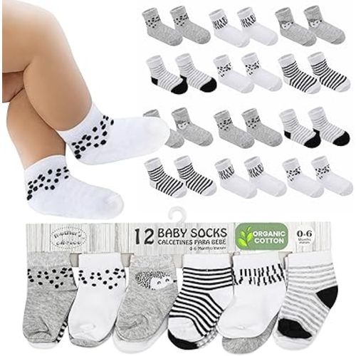 Mother's Choice Organic Cotton Baby Socks, 12 Pairs, Unisex 0-6 Months - Soft, Hypoallergenic Newborn & Infant Socks - Baby Girl & Boy Gifts, (12Pcs, Gray - White)