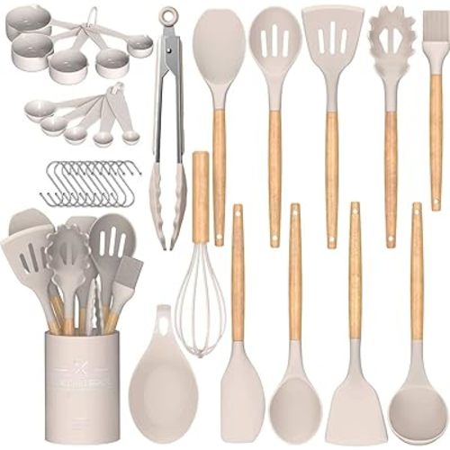 Umite Chef Kitchen Cooking Utensils Set, 33 pcs Non-Stick Utensils Spatula Set with Holder, Black Wooden Handle Silicone Kitchen Gadgets