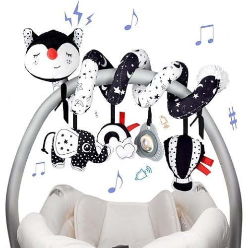 XIXILAND Musical Car Seat Toys Black and White Baby Toys, Infant Toys 0-6 Months Stroller Toys Newborn Toys, High Contrast Baby Toys for Newborn, Gift for 0 3 6 9 12 Months Girls Boys Babies