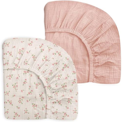 Mini Crib Sheets for Baby Boy Girl 2 Pack, Neutral Mini Crib Mattress Sheet 24" x 38", Muslin Nursery Bedding Soft and Breathable Comfort (Rosy)